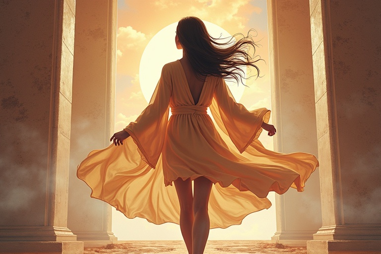 A silhouette of a woman stands against a glowing sun. She wears a flowing, deep V-neck dress that dances with the wind. Background features the Sun Yat-sen Mausoleum, reflecting harmonious architecture. An atmosphere infused with spirituality and wisdom, suggesting themes of Eastern prophecy and enlightenment.