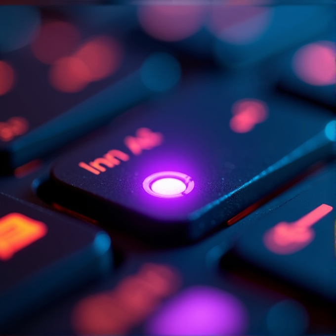 A close-up of a keyboard key glowing with a purple light, surrounded by other keys with red symbols.