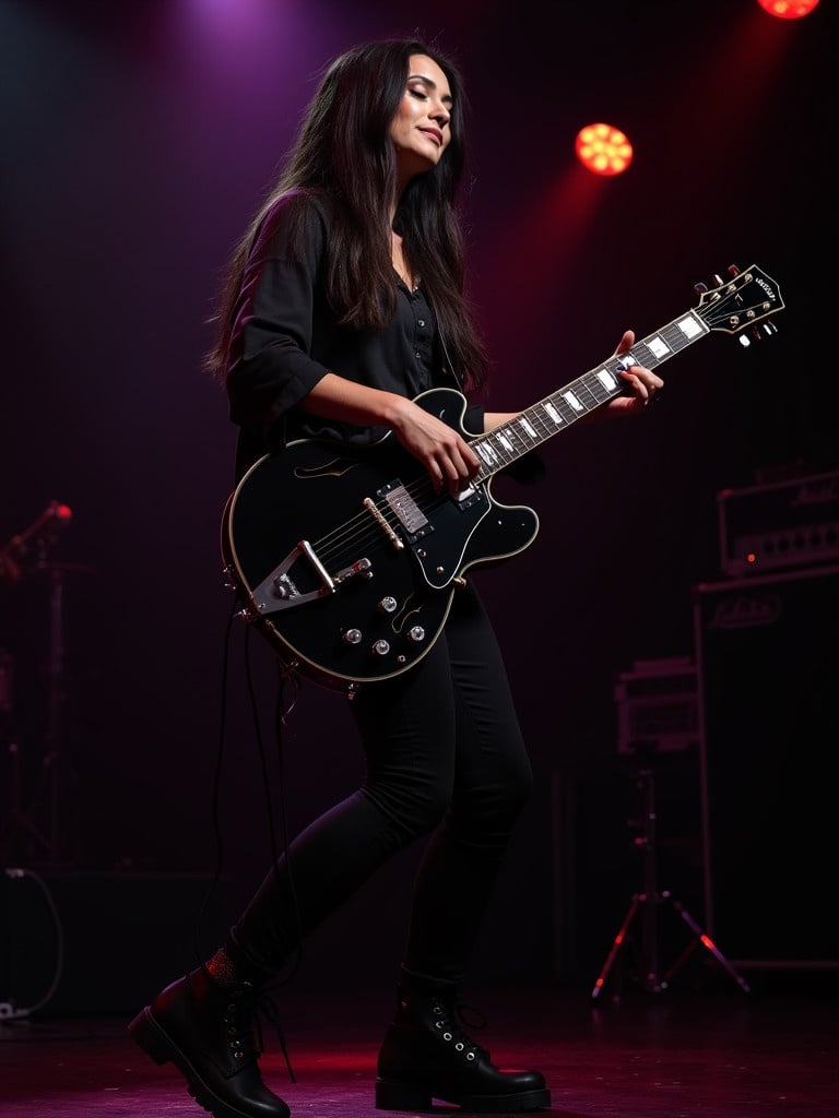 Woman with long dark hair on stage. Playing guitar. Wearing dark clothes and makeup. Enjoying performance. Appearing confident and comfortable.