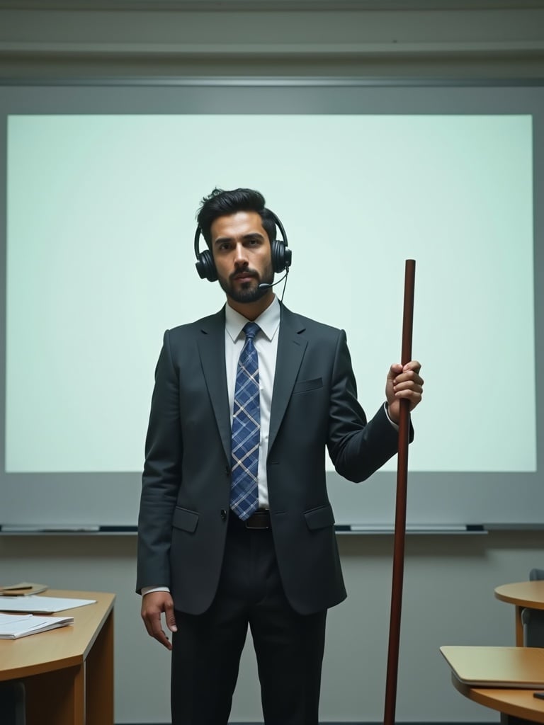 A man stands in front of a whiteboard in a room. He wears a headset and a school uniform and holds a large staff. The setting is ideal for corporate or educational environments. The man appears to be an engaging speaker, suitable for a training or presentation context. The image captures a long distance shot of the subject.