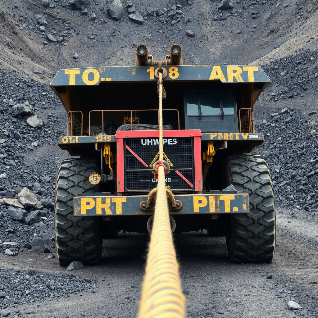 A large mining truck is pulling a heavy rope on a rocky, dusty terrain.