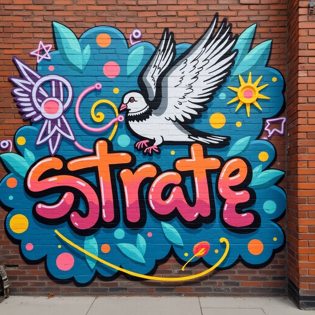 This image showcases a vibrant graffiti mural on a brick wall. The mural features a design college theme with playful patterns and bright colors. A prominent pigeon with outstretched wings is included, surrounded by various nature elements like leaves and stars. The word 'strate' is displayed in bold, stylized lettering, adding to the artistic flair. The overall atmosphere is lively and creative, ideal for inspiring artistic endeavors and community engagement.