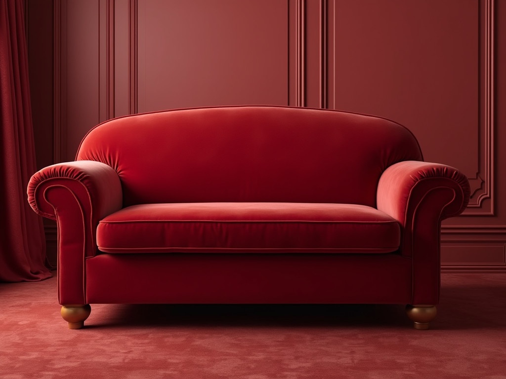 Showcase of a plush red velvet sofa against a matching red wall. Highlight the polished metal feet of the sofa which reflect the surroundings. Smooth and elegant design emphasizing comfort.