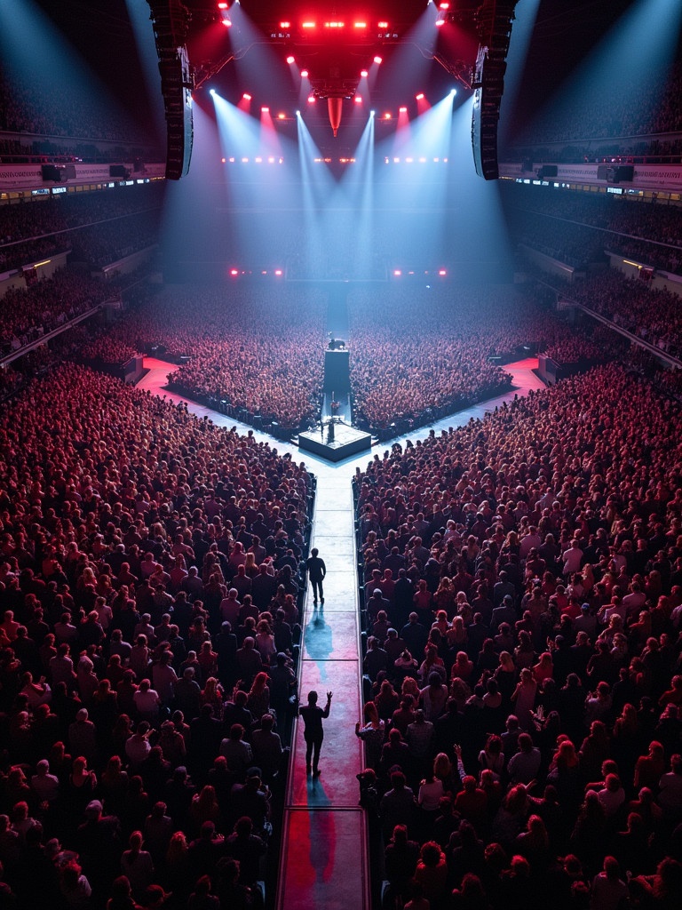 Roddy Ricch performs at Madison Square Garden. The stage features a T-shaped runway. An aerial view showcases a massive crowd. The scene is illuminated with vibrant red lights. High energy and excitement fill the arena.