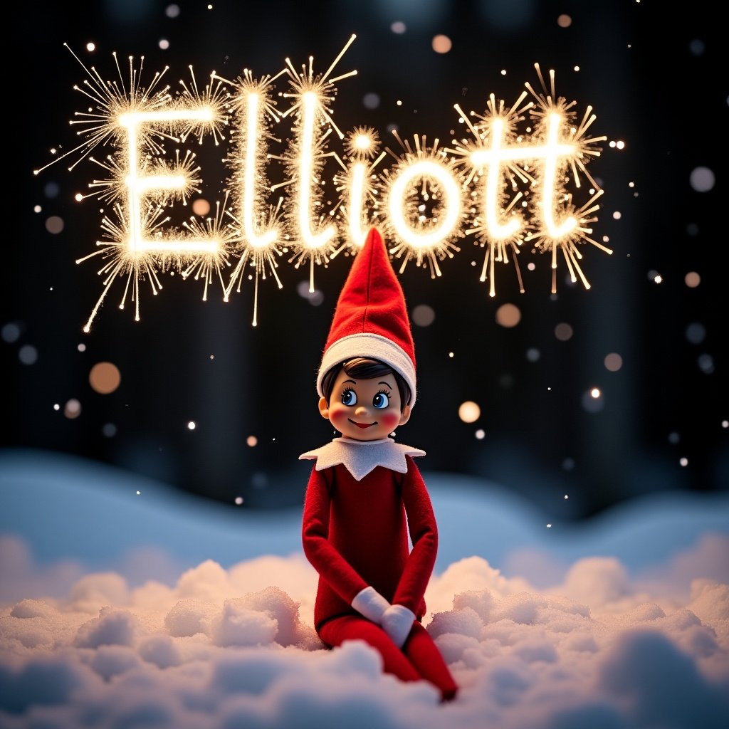 Image shows an elf on the shelf named Elliott sitting on a snowy surface at night. Background is dark to highlight snowflakes. The name 'Elliott' is written with sparklers above. Elf wears a red outfit and has a cheerful expression. Snowy landscape enhances the festive feel.