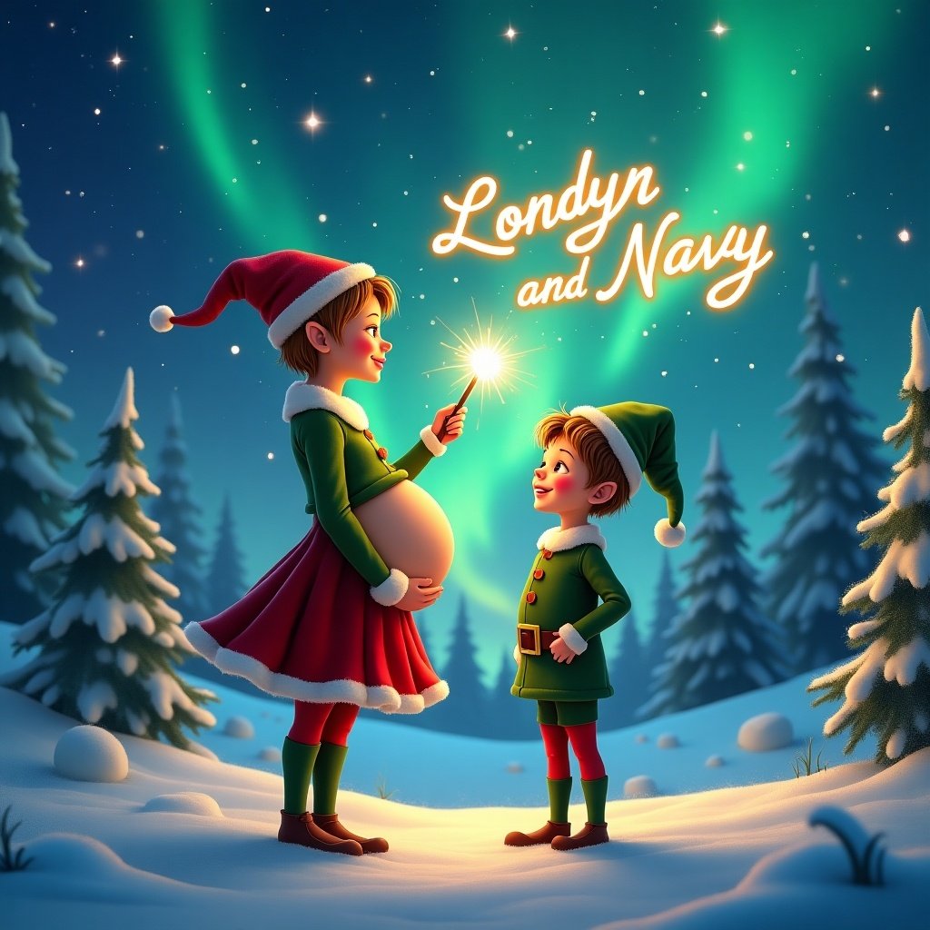 Enchanting Christmas scene with a pregnant elf in a red skirt. Elf faces the sky with her back to the viewer. Her brother elf smiles beside her. She uses a magic wand to write 'Londyn and Navy' in glowing script. Background includes vibrant northern lights. Captures the spirit of Christmas with a whimsical twist.