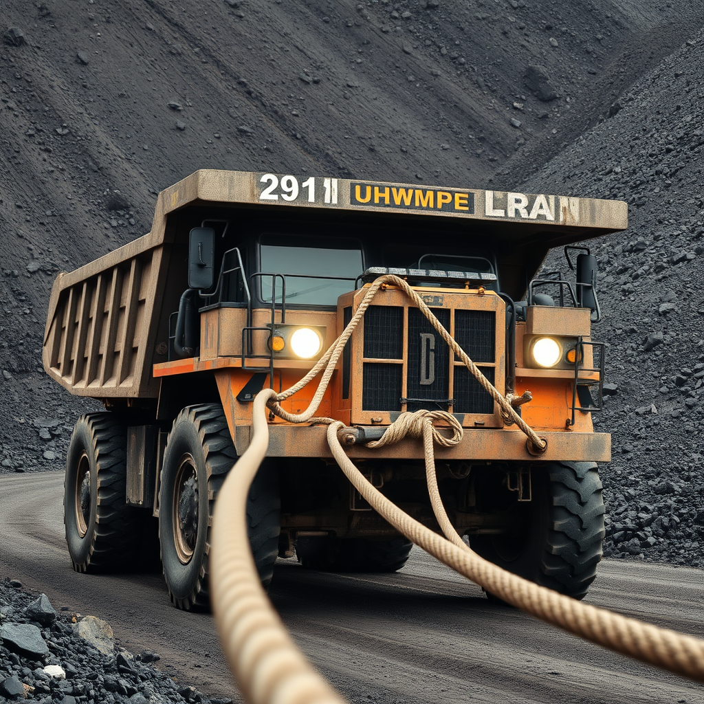 A heavy-duty dump truck with ropes attached to its front, set against a backdrop of rugged rock terrain.