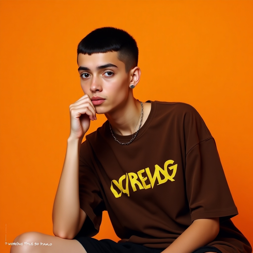 Young person sitting against vibrant orange background. Wearing brown oversized t-shirt with yellow text. Short haircut, chin resting on hand. Serious expression, adding artistic vibe. Necklace and earring visible. Text at the bottom indicates brand or project.