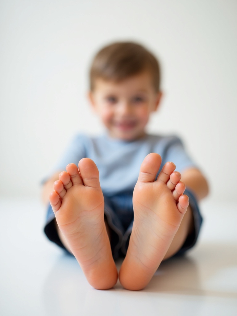 A photograph features an 11 year old boy sitting with legs outstretched. Both feet are bare showcasing toes. Boy's smooth tanned legs highlight youthfulness. Blank background focuses on feet. Scene has casual playful vibe.