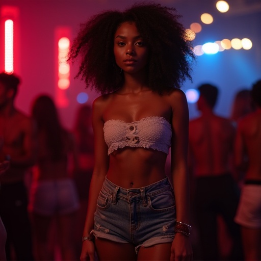 A beautiful girl in a nightclub. Wears a small bandeau top and jean shorts. Displays dark skin. The environment is vibrant with colorful lighting.