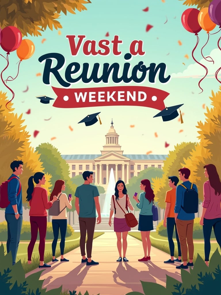 Festive poster created for university reunion celebration. Group of alumni enjoys time outdoors. University building serves as backdrop. Balloons and graduation caps add festive atmosphere. Vibrant colors capture joyous mood.