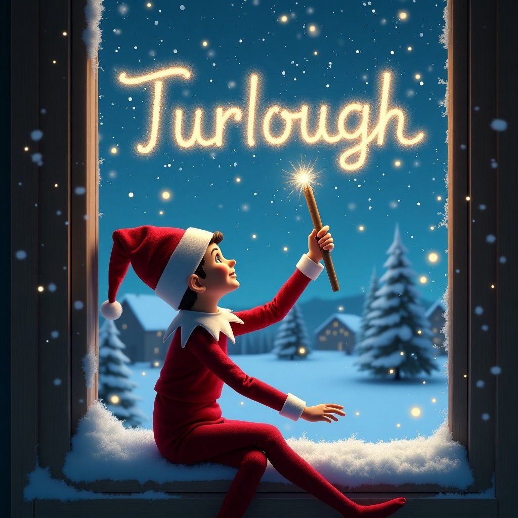 An elf sitting on a window with snow covering the ground. The elf is writing in the sky with a wand. The name 'Turlough' glows above. The scene is festive and wintery, showcasing a magical atmosphere.