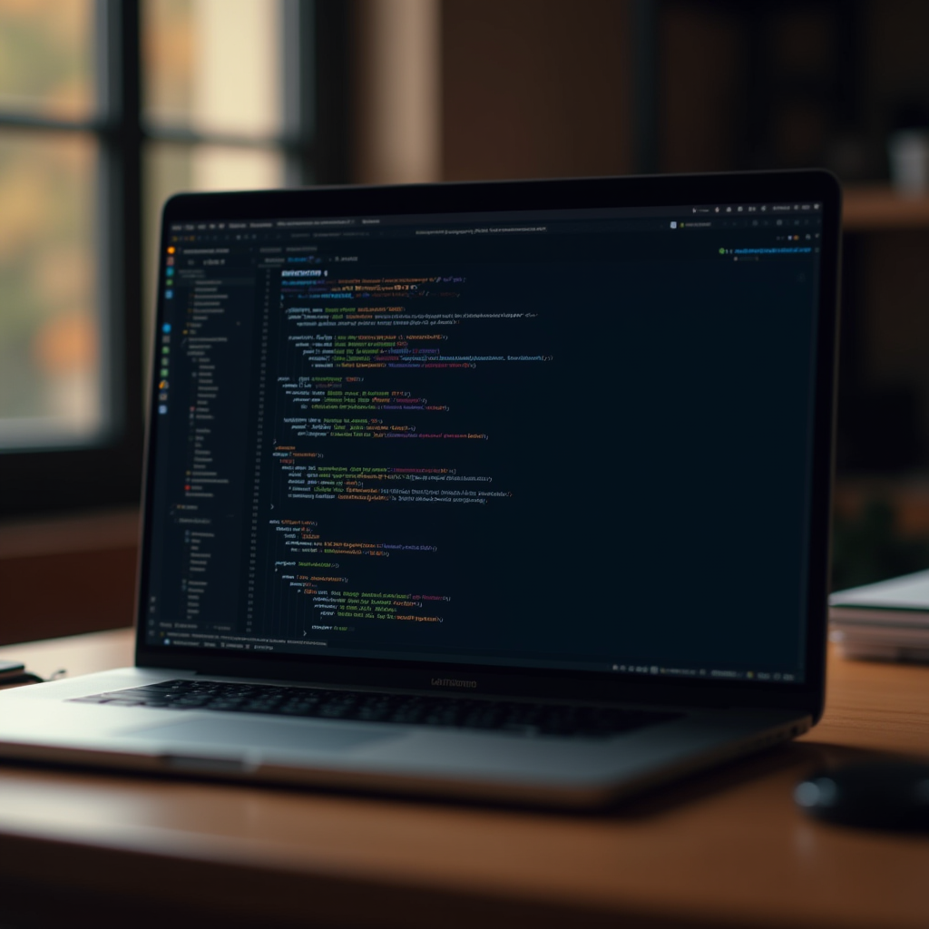 A laptop displays colorful code on its screen, sitting on a wooden desk by a window that lets in soft morning light.