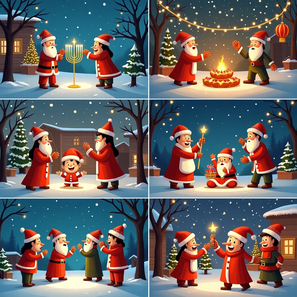 This image depicts different types of winter celebrations. In the first panel, Santa Claus and a character are lighting a menorah. The second panel shows Santa and an elf gathering around a cozy winter fire. The third panel features a family, including a child, joyfully participating in winter festivities. The fourth panel presents Santa interacting with a group of merrymakers, while in the fifth, a child receives a present from Santa. Finally, the last panel captures a moment of magic as characters hold lanterns together in the snowy landscape.