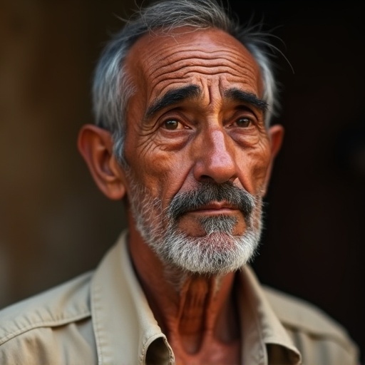 Portrait of a sad Upper Egyptian man in his fifties. Shows emotional depth and life experience. Captures natural light and close-up details.