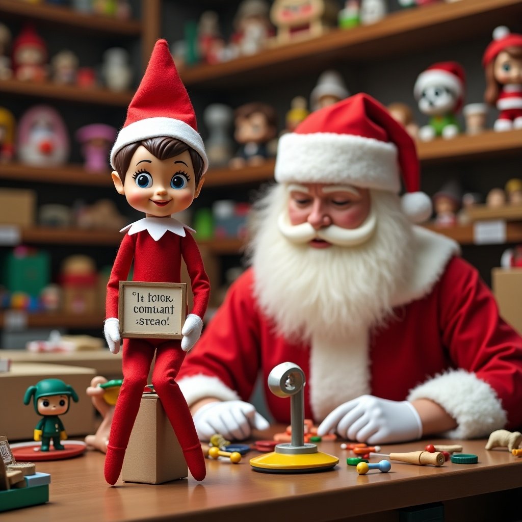 Elf on the shelf in red outfit holding sign that says ‘See you soon Lilly and Lucas!’ Santa Claus in toy workshop filled with Funko Pops.