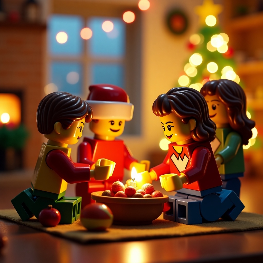 This image portrays a heartwarming LEGO-style Christmas celebration. A family of LEGO figures is gathered around a bowl filled with festive treats, representing a joyful holiday spirit. The setting is cozy, with a decorated Christmas tree in the background, adding to the warmth of the scene. The figures exhibit expressions of joy and togetherness as they share the moment. The use of vibrant colors enhances the festive feel, making it a perfect representation of a family-oriented holiday gathering.