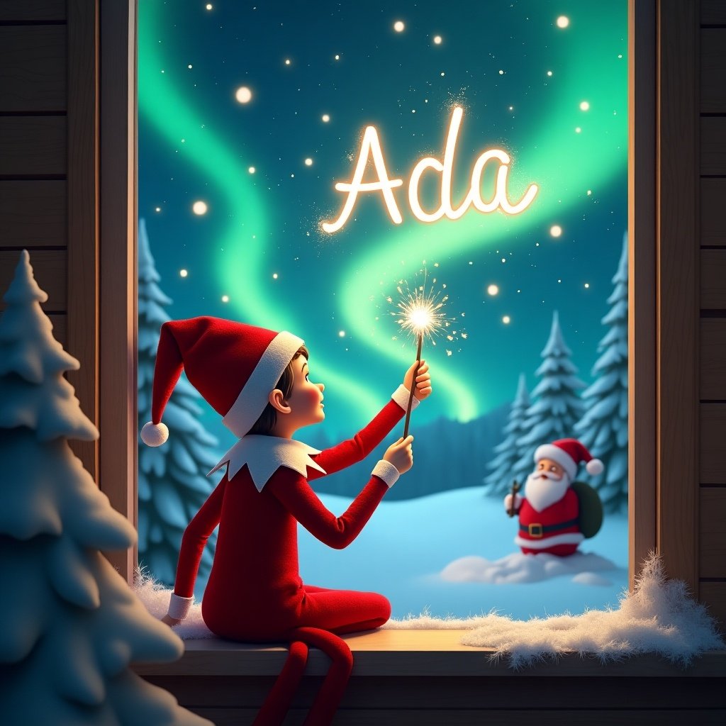 Elf sitting on a ledge facing away. Writing 'Ada' with a sparkly wand. Enchanting northern lights in the background. Snowy trees nearby. Santa Claus visible in the distance.