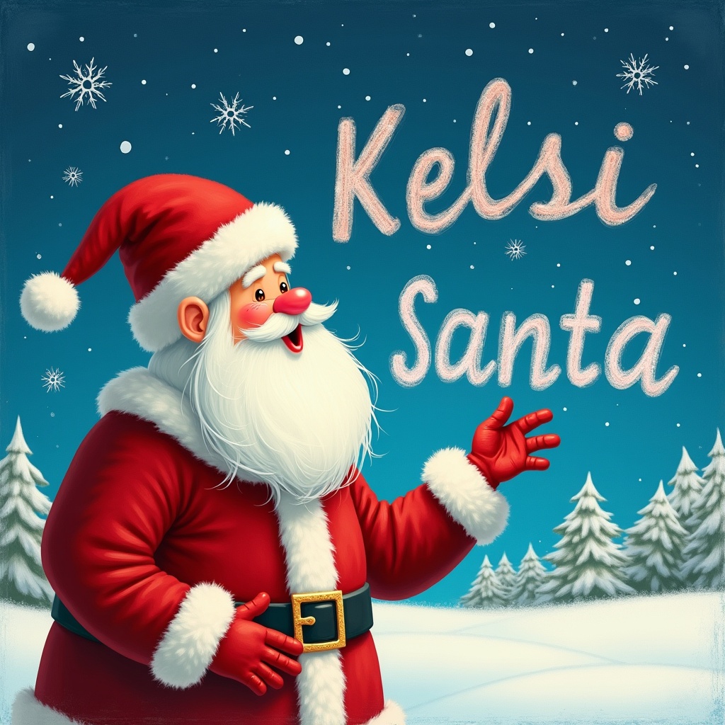 The image depicts Santa Claus joyfully waving and drawing names in the night sky. His rosy cheeks and warm smile radiate happiness. Against a snowy background, he is surrounded by snowflakes. The names "Kelsi," "Jazmine," and "Lottie" glow above him as if written with magical light. The colors are bright and festive, enhancing the holiday spirit. It's a whimsical and cheerful scene perfect for Christmas celebrations.