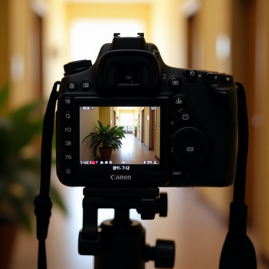 Close-up view of a Canon camera on a tripod. LCD screen shows a hallway with plants. Warm indoor lighting creates an inviting atmosphere.