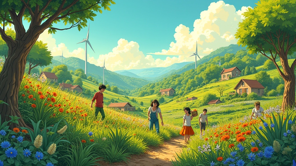 A solarpunk illustration depicts a flourishing permaculture landscape. Diverse plants and flowers flourish in the scene. People of all ages harvest crops and tend gardens. Wind turbines are visible in the background. The atmosphere is serene and hopeful. Soft painterly textures and dynamic lighting enhance the visual.