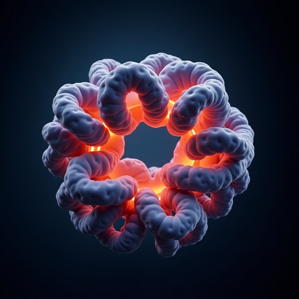 This image presents a 3D illustration of a ribosome, showcasing its intricate structure. The ribosome is depicted with multiple curved features and a glowing effect, highlighting its cellular importance. The background is dark, allowing the ribosome to stand out vibrantly. This visualization emphasizes the ribosome's role in protein synthesis. The use of soft lighting adds depth and interest to the illustration.