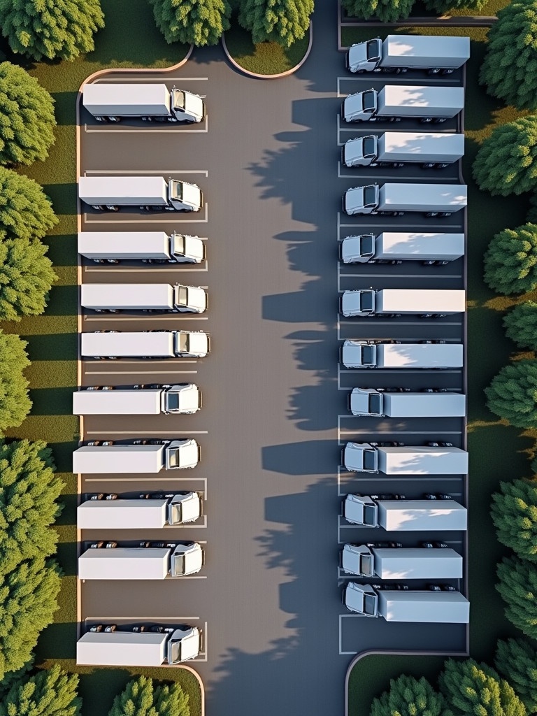 Aerial view of a 1.5-acre parking lot designed for semi trucks. Spaces measure 15 feet wide and 55 feet long. Lot accommodates a 40-foot turning radius. Multiple rows of semi trucks are parked systematically.