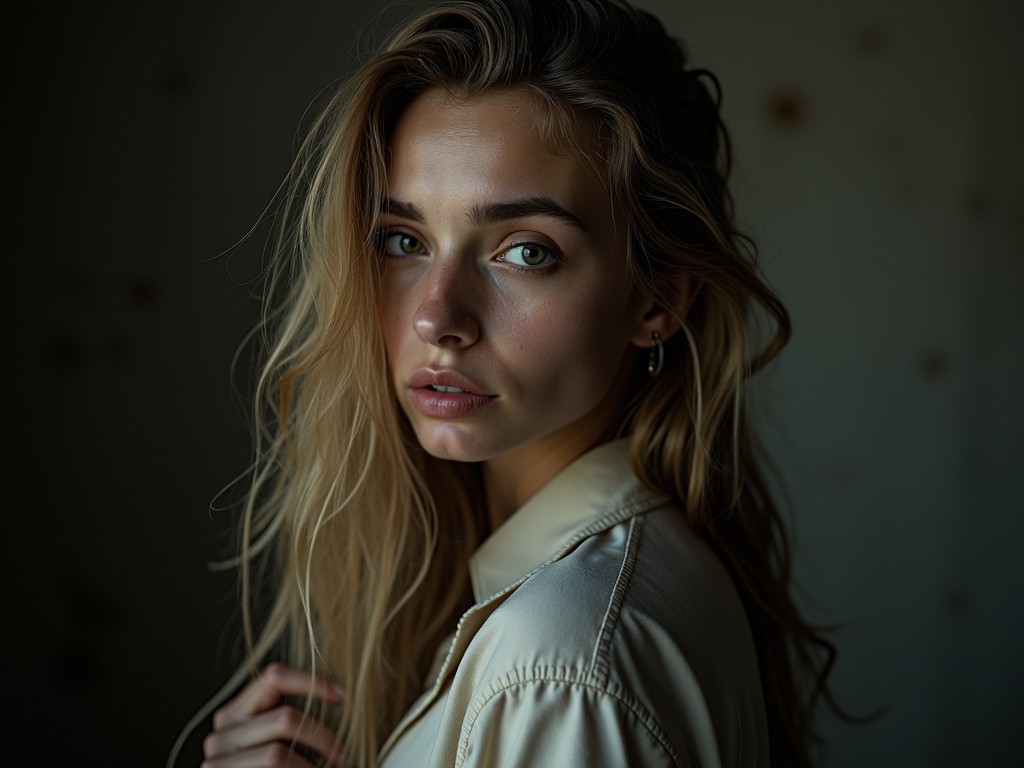 This image captures a young woman bathed in soft, natural light. Her expression is introspective, and her wavy hair cascades gently around her face. The background is blurred, emphasizing her as the focal point, while the subdued tones add a moody, contemplative atmosphere.