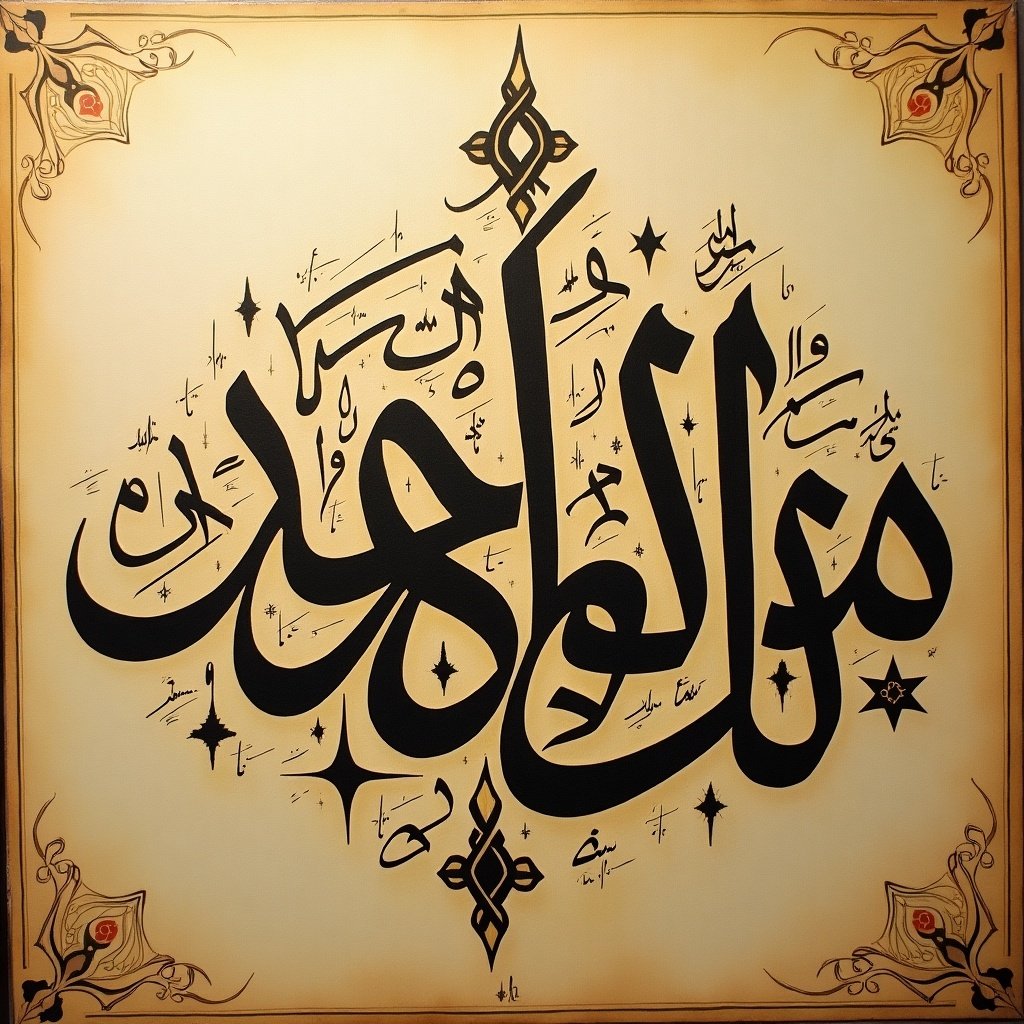 Calligraphy art featuring the word 'المكتبة السلفية'. Elegant script style adorned with intricate designs and motifs. Rich black calligraphy on a soft background. Aesthetic visual focus on traditional Arabic lettering.