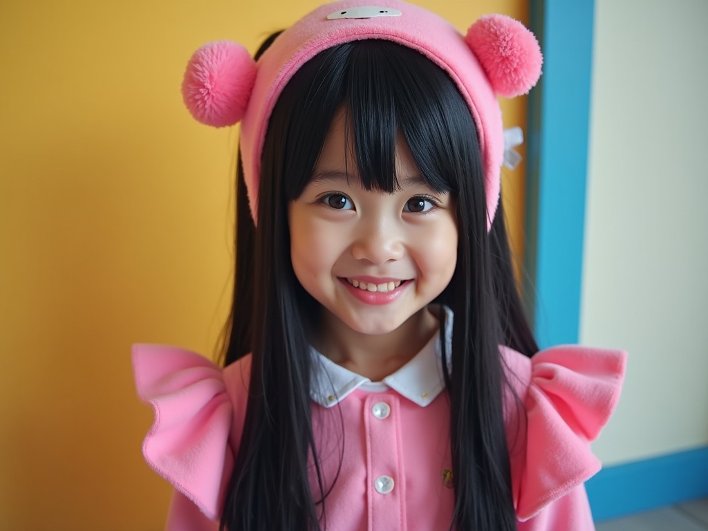 A cheerful child with long black hair wearing a pink outfit and headband, standing against a yellow and blue background.