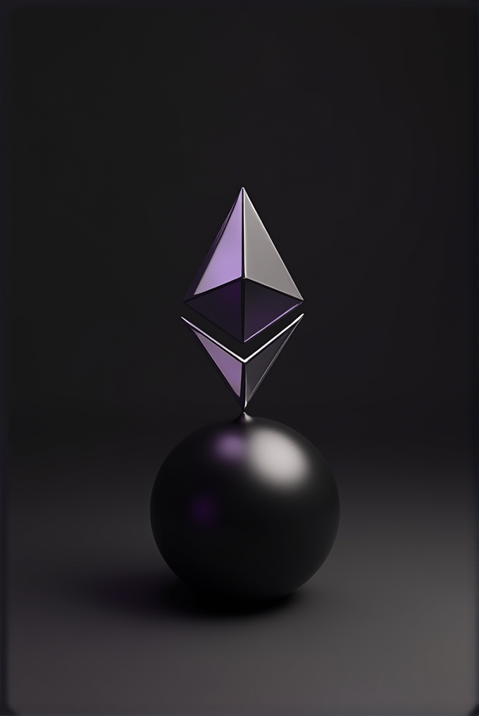 A sleek, metallic Ethereum logo balances atop a smooth, reflective black sphere against a dark background.