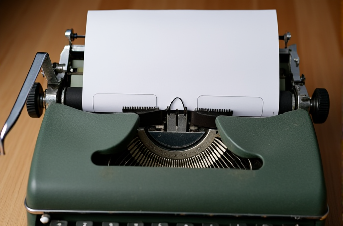 The image shows a vintage green typewriter with a blank sheet of paper inserted, set against a wooden background.