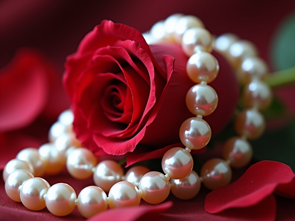 a red rose with a pearl necklace, romantic and elegant composition