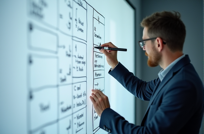 A man in a suit and glasses writes on a digital whiteboard filled with charts and text.