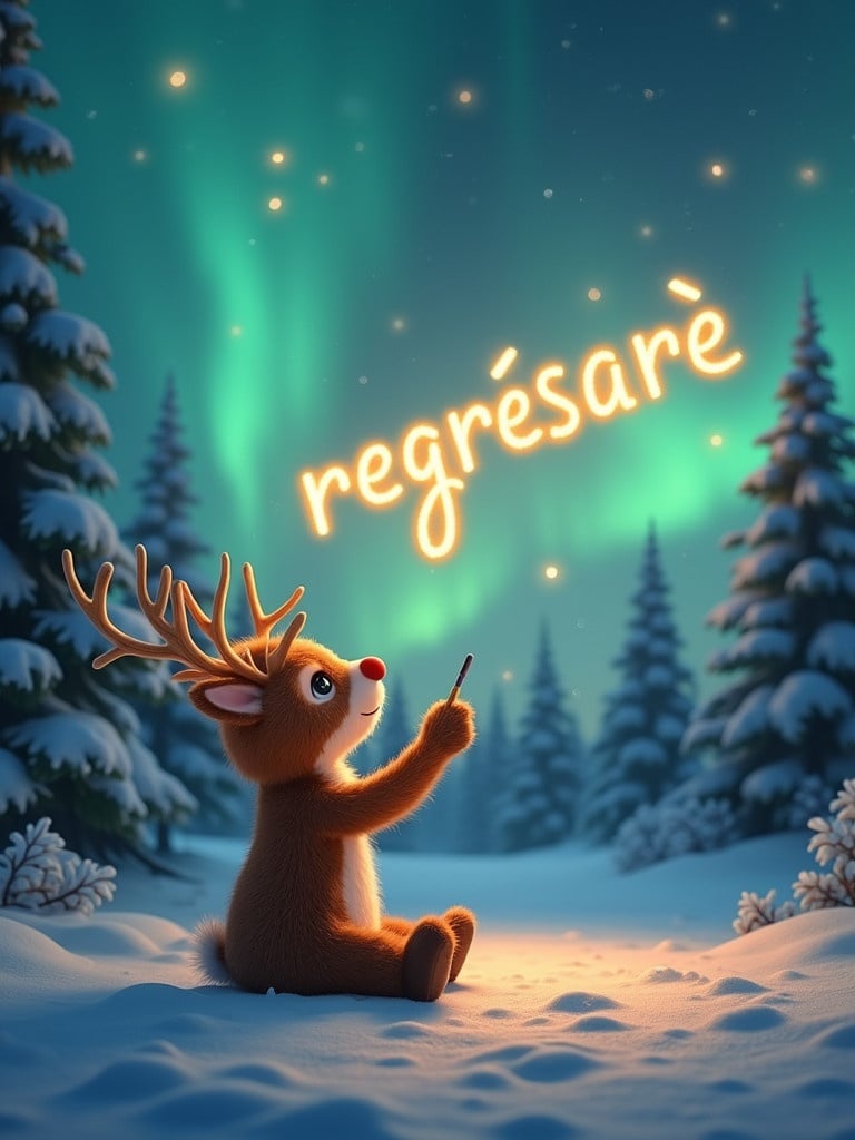 Enchanting scene with a reindeer character sitting on snowy ground. The reindeer points to the sky where golden words appear. Background features vibrant northern lights over snow and pine trees. Atmosphere is festive for the holiday season.