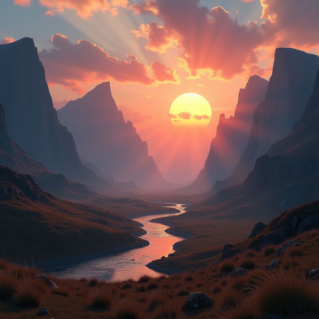 This photo depicts a surreal landscape filled with mountains, grasslands, a flowing river, and a stunning waterfall. It captures the moment of sunrise with a large sun positioned in the center, partially hidden behind the horizon. The vibrant colors of the dawn sky create a magical atmosphere. Shadows play across the terrain, highlighting the curves of the mountains and the smooth flow of the river. The serene environment invites viewers to immerse themselves in the tranquility of nature's beauty.