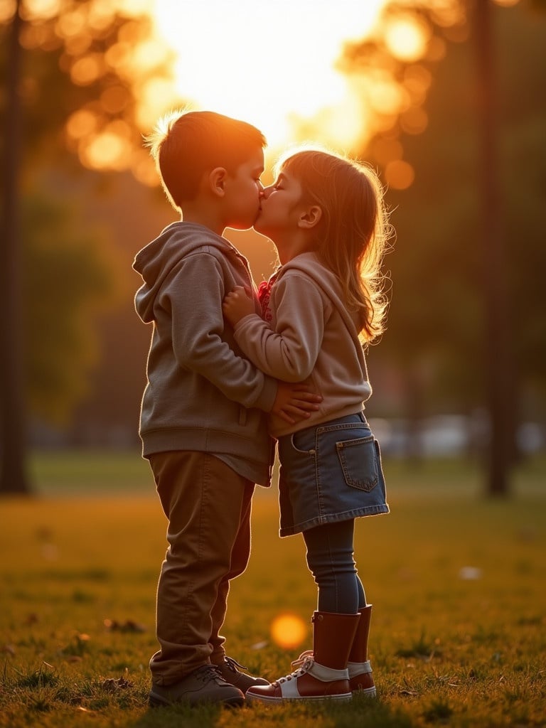 Two children kiss each other in a park at sunset. Warm light surrounds them. It is a romantic and innocent moment.