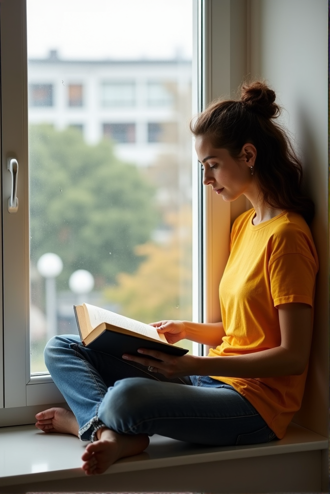 A woman in a yellow shirt reads a book by a window, surrounded by a serene outdoor view.