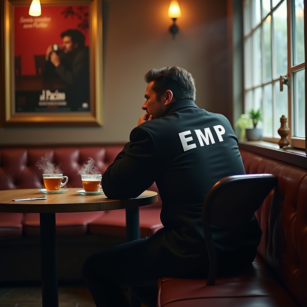 A man wearing a jacket with 'EMP' written on it sits in a cozy cafe, gazing towards a window. Two steaming cups of coffee are on the table. Warm, dim lighting and a movie poster in the background.