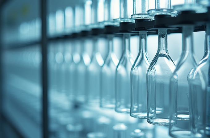 A row of identical clear glass bottles suspended upside down, creating a symmetrical pattern against a softly lit, blurry background.