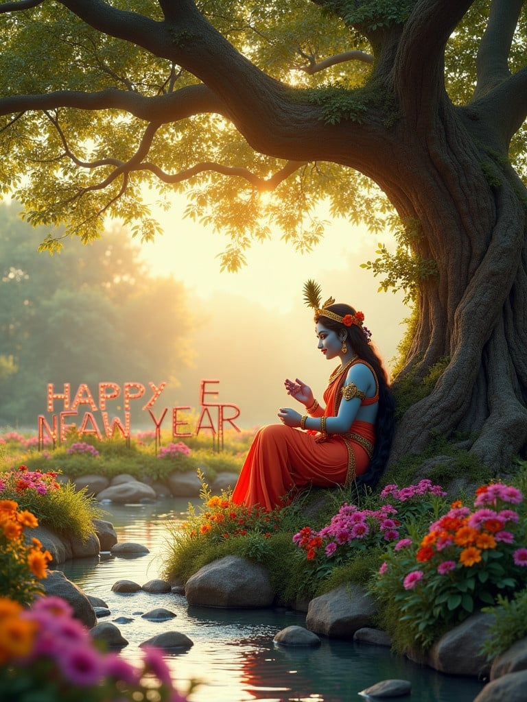 In a serene natural setting Radhe Krishna sit gracefully beneath a sprawling tree. They are surrounded by vibrant flowers and gentle streams. The sun casts a warm glow illuminating their divine forms. Colorful decorations spell out Happy New Year 2025 blending spirituality with celebration.