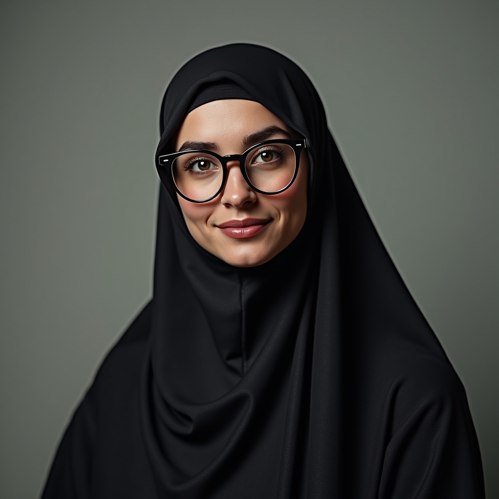 This image portrays a confident individual wearing a niqab and stylish eyeglasses. The person is looking directly at the camera, exuding poise and elegance. The background is a muted gray, adding a calm and professional feel to the portrait. The glasses enhance the modern look, bridging cultural tradition with contemporary fashion. Soft lighting accentuates the facial features, creating an inviting atmosphere. This portrait highlights the beauty of diversity in fashion and personal expression.