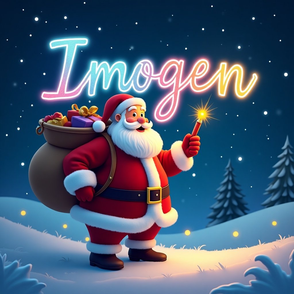 Christmas theme with Santa Claus writing the name Imogen in colored font in the sky using a colorful glow pen. Snowy landscape with twinkling lights in the background.