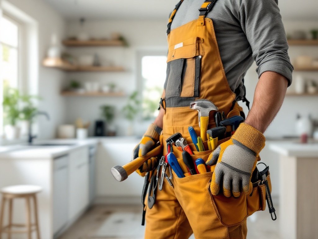 The image shows a builder handyman with construction tools. The focus is on the handyman's attire and equipment featuring a tool belt full of tools and a hammer in hand. The background displays a house renovation scene in a bright kitchen with cabinets and flooring work.