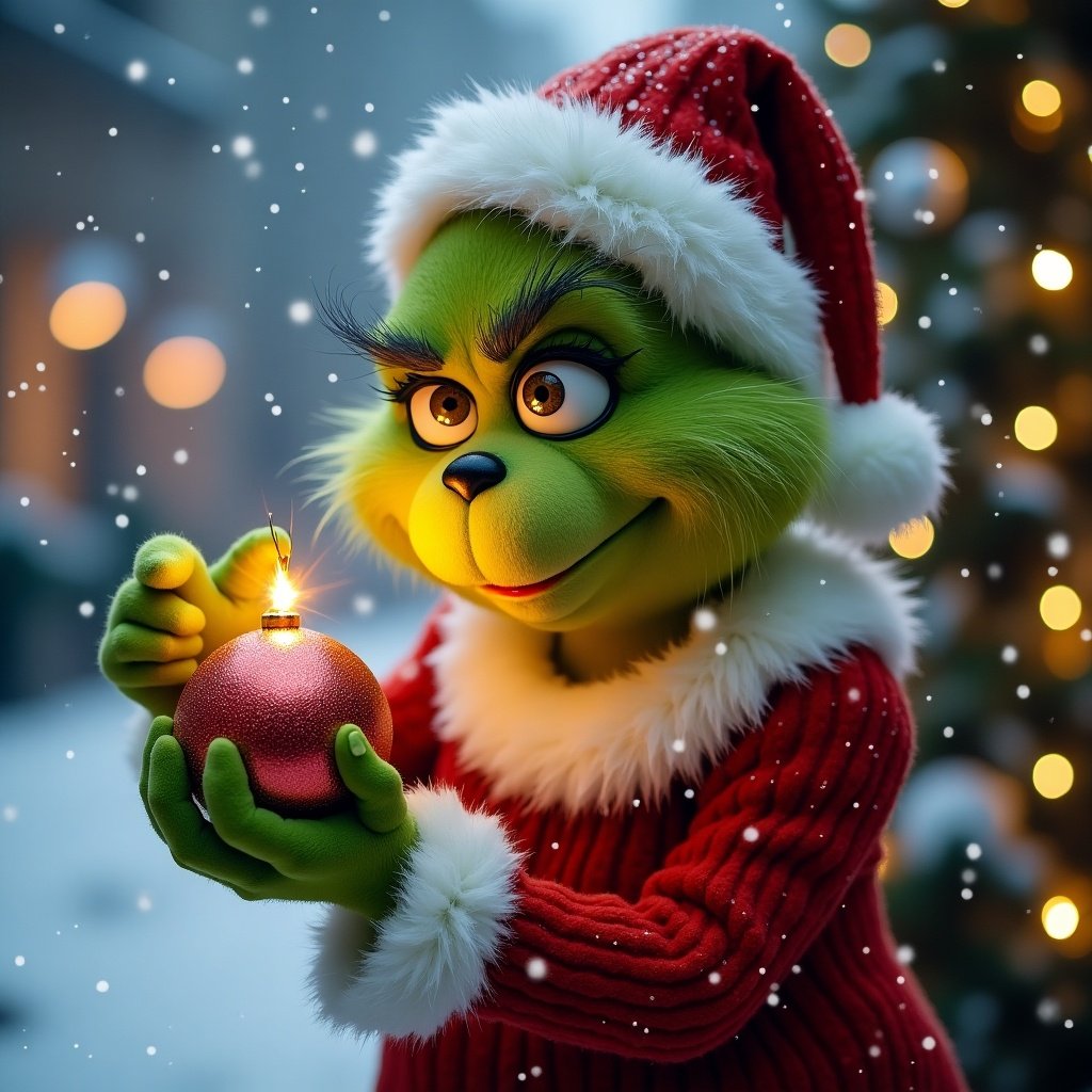 A Grinch character dressed in a Christmas outfit is holding a shiny bauble. The background features snow and decorative lights.