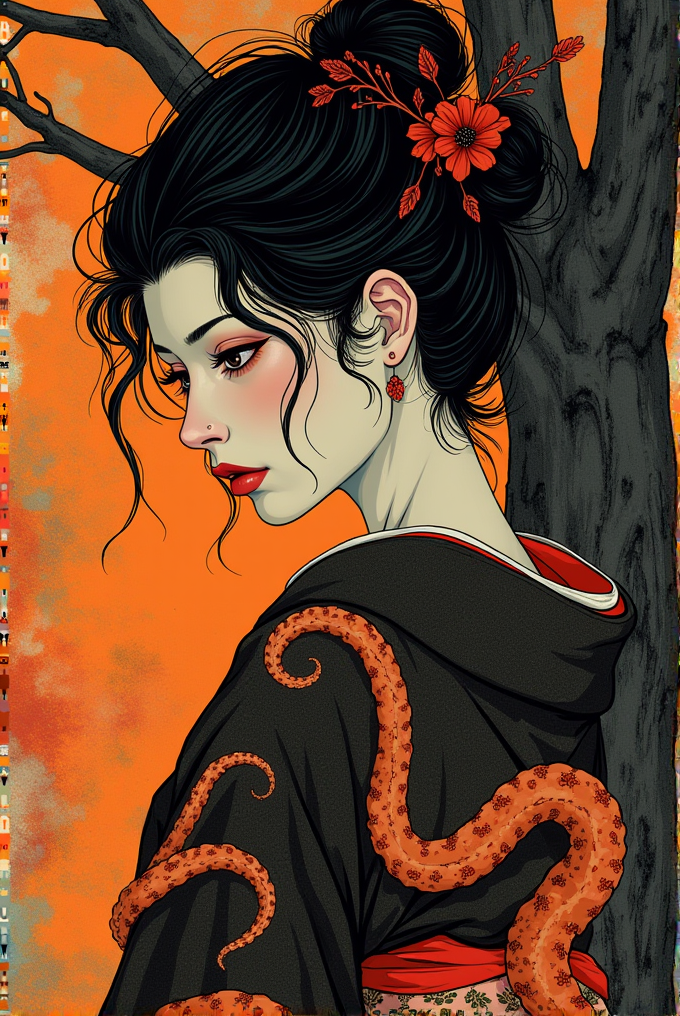 An elegant woman with an intricate updo adorned with vibrant red flowers stands against an orange background, her black shawl entwined with vivid octopus tentacles.