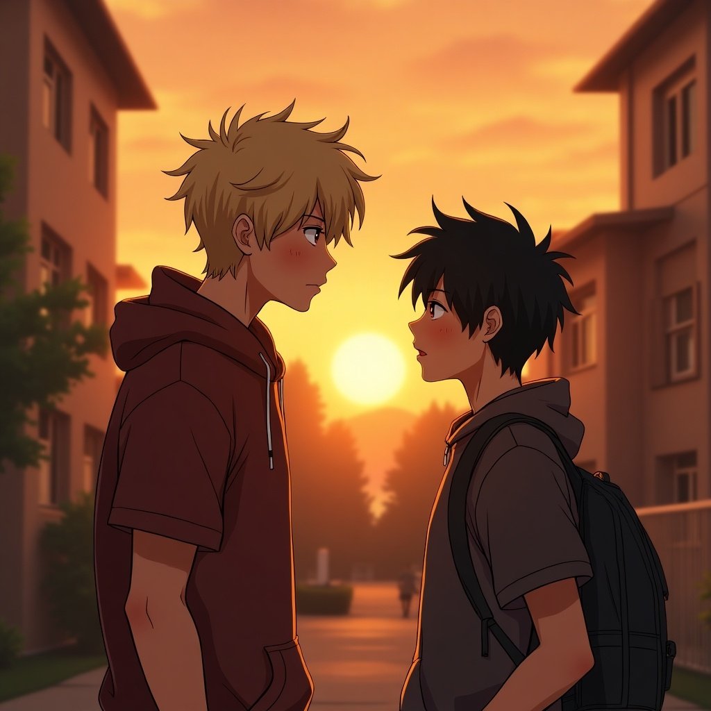 Sunset scene with two teenage boys standing together. One has blonde hair and the other has black hair. Background shows a school dormitory. The mood is warm and romantic.