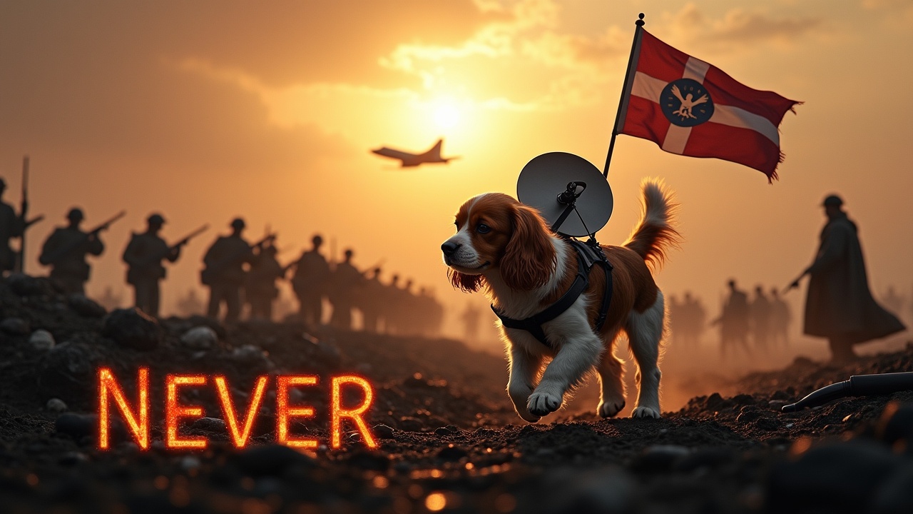 In a dramatic and awe-inspiring scene, a fluffy brown and white cavalier king charles spaniel walks across a dark, desolate battlefield. The dog has a radar dish strapped to its back, symbolizing a unique blend of military and companionship. Nearby, a figure wearing a cloak stands valiantly holding a flag adorned with a dog emblem. In the background, numerous small soldiers are barely visible, holding rifles and tanks. The sky is illuminated by the bright radiance of the setting sun, creating a dramatic contrast. Overhead, a jet fighter flies, adding to the military atmosphere. At the bottom of the image, bold fiery text reads 'Never forget,' emphasizing a message of remembrance and valor.