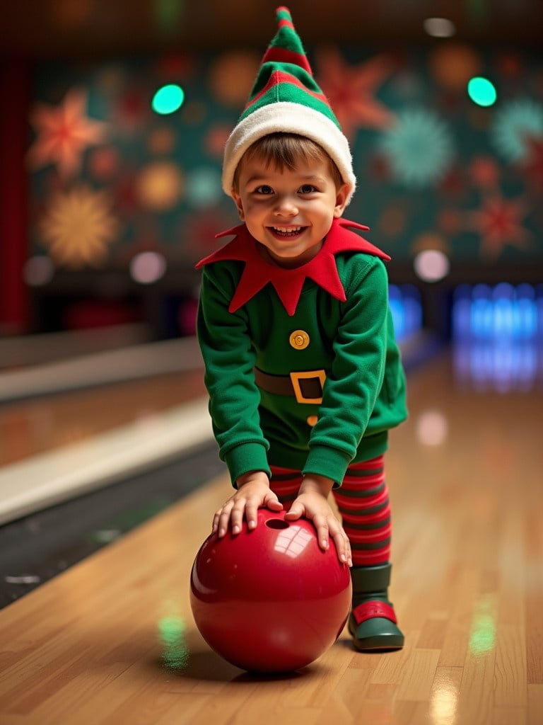 Child in green elf costume holds a red bowling ball. Colorful festive decorations in background. Bowling lane visible. Cheerful festive atmosphere. Little boy ready for bowling game.