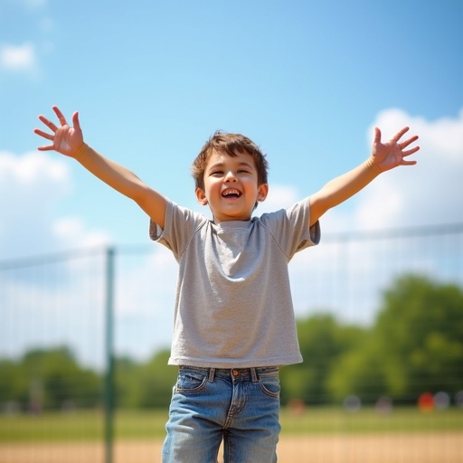 Little boy stands outdoors with arms outstretched. He is wearing a grey shirt and blue jeans. The background shows a green field and a blue sky with some clouds. It conveys a sense of joy and freedom.